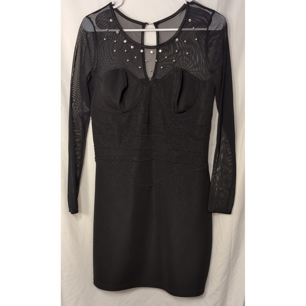 Kelly Fashion Homecoming Black Mesh Rhinestone Bodycon Mini Dress Long Sleeve M - Picture 1 of 6